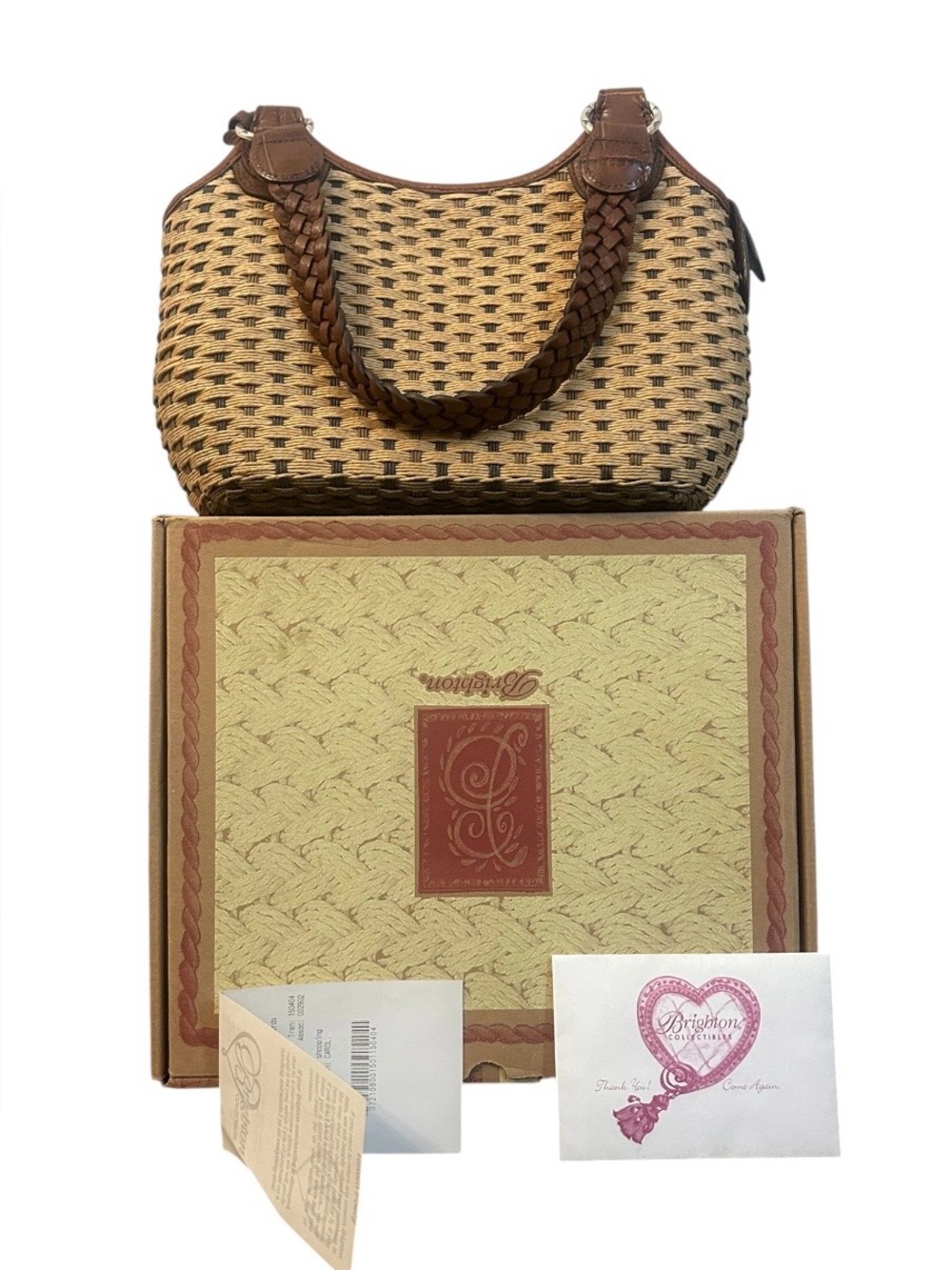 Vintage NIB Brighton Hannah straw & brown leather shoulder bag